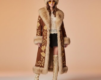 Vintage Penny Lane Coat Women’s Faux Shearling Afghan Jacket, Embroidered Boho Suede Winter Fashion, 70s Style Festival Fur Coat