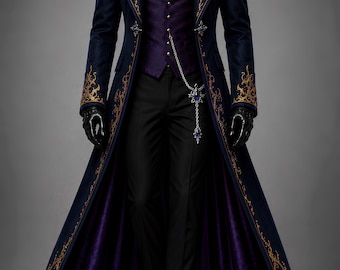 Men's Gothic Coat, Victorian Tailcoat, Navy Blue Long Coat, Gold Embroidery Jacket, Vampire Coat, Steampunk Costume, Fantasy Cosplay