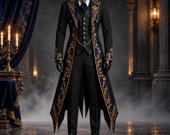 Dracula Vampire Coat Men Gothic Victorian Tailcoat Embroidered Aristocratic Groom Suit Gothic Wedding Halloween Costume Jacket