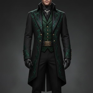 K&ouml;nnte beinhalten: Ein schwarzer Mantel mit gr&uuml;ner floraler Stickerei, eine gr&uuml;ne Weste und eine schwarze Hose. Der Mantel hat goldene Kn&ouml;pfe und Manschettendetails. Das Outfit wird durch schwarze Handschuhe und einen silbernen Anh&auml;nger erg&auml;nzt.