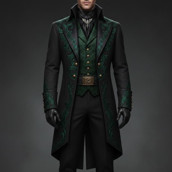 Victorian Gothic Vampire Coat for Men – Steampunk Embroidered Long Trench Jacket, Masquerade Cosplay Festival Costume