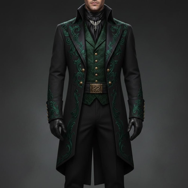 K&ouml;nnte beinhalten: Ein schwarzer Mantel mit gr&uuml;ner floraler Stickerei, eine gr&uuml;ne Weste und eine schwarze Hose. Der Mantel hat goldene Kn&ouml;pfe und Manschettendetails. Das Outfit wird durch schwarze Handschuhe und einen silbernen Anh&auml;nger erg&auml;nzt.