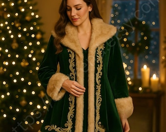 Luxury Green Velvet Christmas Coat | Faux Fur Trim, Handmade