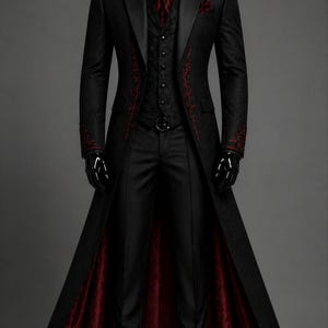 Gothic vampire coat designed in a striking Dracula style, inspired by Victorian goth suit aesthetics and dark aristocrat fashion. This elegant jacket features a long, structured silhouette perfect as a steampunk wedding longcoat or a bold masquerade coat for men. Ideal for cosplay, themed events, or gothic weddings, the outfit blends vintage charm with modern tailoring, creating a powerful and mysterious vampire look.