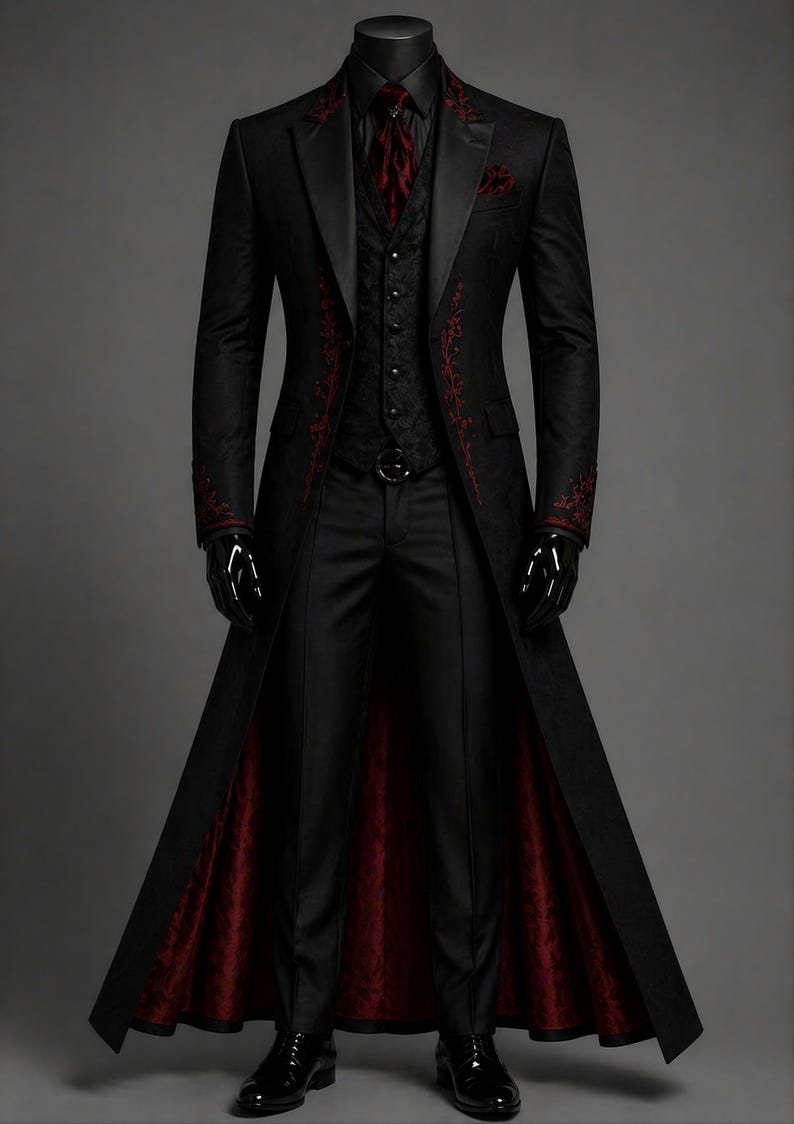 Gothic vampire coat designed in a striking Dracula style, inspired by Victorian goth suit aesthetics and dark aristocrat fashion. This elegant jacket features a long, structured silhouette perfect as a steampunk wedding longcoat or a bold masquerade coat for men. Ideal for cosplay, themed events, or gothic weddings, the outfit blends vintage charm with modern tailoring, creating a powerful and mysterious vampire look.