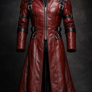 May include: A long, burgundy leather coat with black detailing, shown on a mannequin. The coat has a zip-up front, shoulder epaulettes, and several buckles. The sleeves are long, and the coat reaches the ankles.