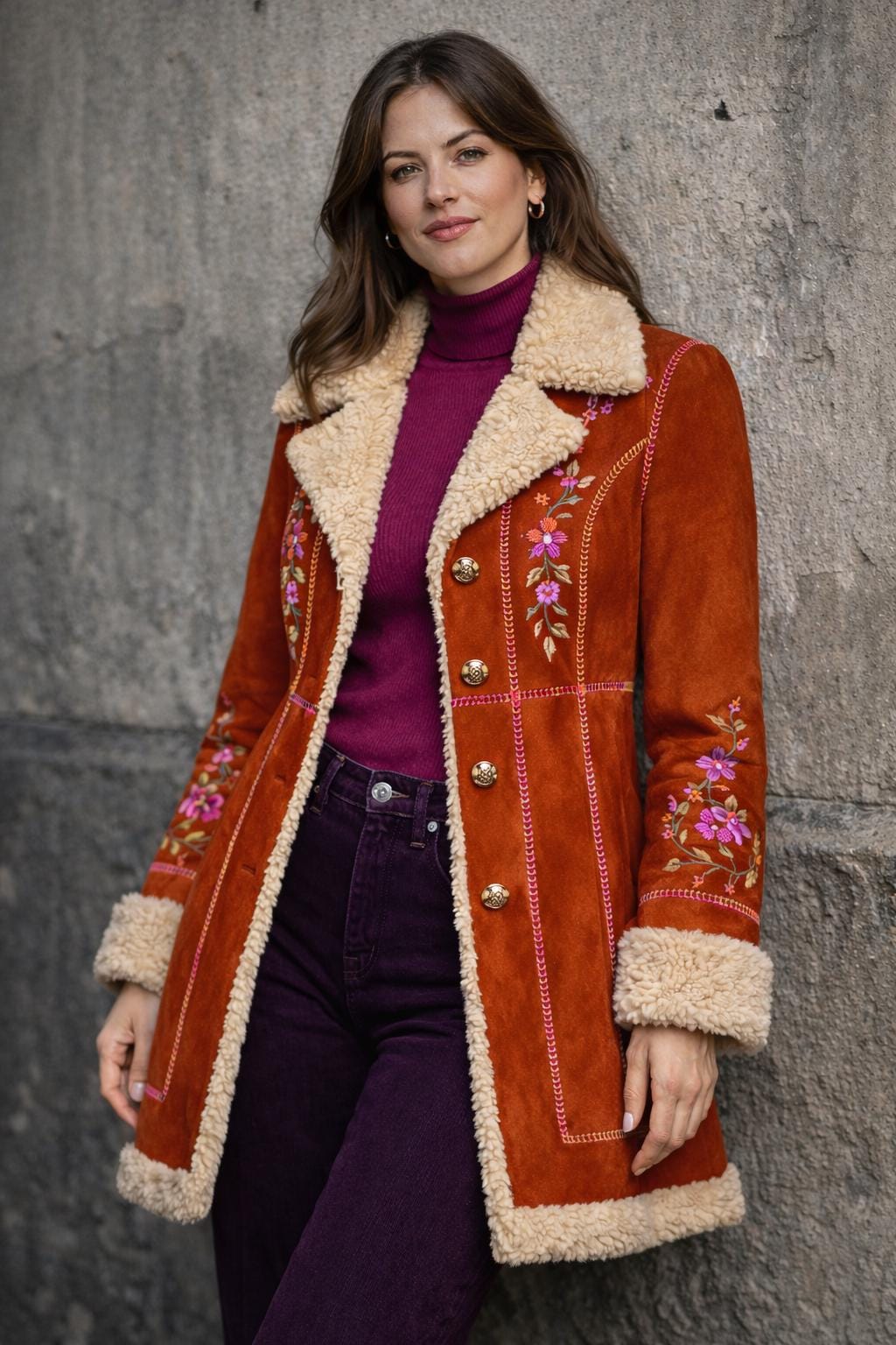 Vintage Brown Afghan Coat for Women – Penny Lane Embroidered Suede