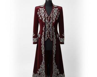 Gothic Viktorianischer Herrenmantel | Steampunk Frackjacke | Vampir Trench | Rot gesticktes Renaissance-Outfit |  Hochzeit Cosplay Weihnachten