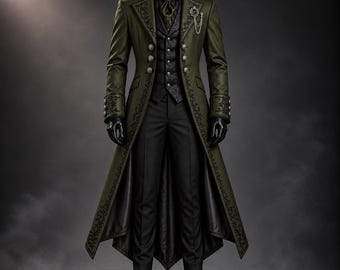 Mens Olive Green Gothic Tailcoat, Vampire Halloween Costume, Victorian Steampunk Coat, Dracula Jacket, Gothic Wedding Outfit