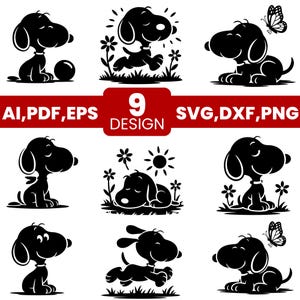 May include: A collection of nine black and white dog designs in various poses, including sitting, playing with a ball, and running. The designs are surrounded by flowers, butterflies, and a sun. Text includes "9 DESIGN" and file type options.