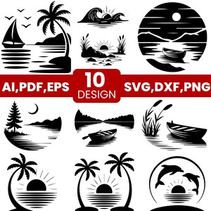 Op de afbeelding: Een verzameling van 10 zwart-wit landschapsontwerpen, waaronder zeilboten, palmbomen, zonsondergangen en boten. Beschikbaar in AI-, PDF-, EPS-, SVG-, DXF- en PNG-formaten.