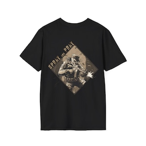 May include: Black t-shirt featuring a sepia-toned graphic of a skull-faced soldier firing a weapon. The words "SPRAY AND PRAY" are printed above the soldier in a diamond-shaped design.
