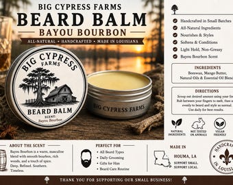 Beard Balm –Bayou Bourbon Scent –Big Cypress Farms - Handmade Men’s Grooming Balm – All Natural Beard Care