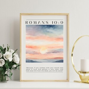 Christian Wall Art - Bible Verse Print Romans 10:9, Watercolor Sunset, Faith Digital Download, Scripture Home Decor, Inspirational Gift