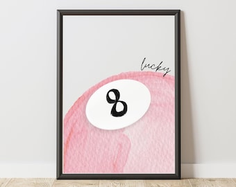 Pink 8 Ball Wall Art Printable – "Lucky" Digital Download, Magic 8 Ball Boho, Minimalist Prints, Modern Art, Retro Art, Printable File