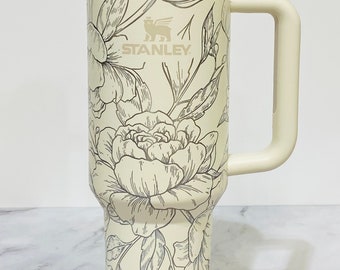 Peach Stanley Cup, Limited Edition 40oz Tumbler with Handle,Laser Engraved  Floral Lace Full Wrap Design, Gift for Her, Birthday Gift