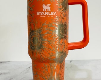 Stanley 40oz tumbler, NEW limited edition Stanley colors, Laser engraved Stanley, Flower tumbler, Sunflower travel mug, Custom Stanley cup