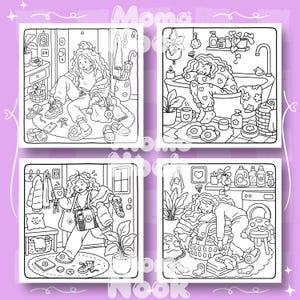 Four black and white cartoon panels show a girl in different cozy settings: sitting on the floor, bathing, leaving a room, and doing laundry.