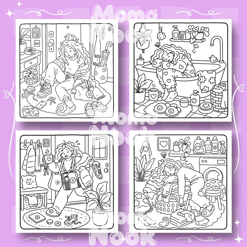 Four black and white cartoon panels show a girl in different cozy settings: sitting on the floor, bathing, leaving a room, and doing laundry.