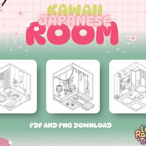 May include: Three black and white line drawings of different Japanese room interiors. The first room has a table with cushions and a sliding door. The second room has a shrine with a torii gate and a hanging lantern. The third room has a bookshelf, a futon, and a sliding door. The text "Kawaii Japanese Room" is at the top of the image. The text "PDF and PNG Download" is below the images. The text "Little Rainbow Dreams" is in the bottom right corner.