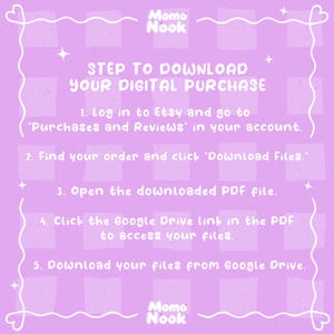 A light purple background with white text outlines five steps to download a digital purchase, starting with "1. Log in to Etsy and go to 'Purchases and Reviews' in your account."