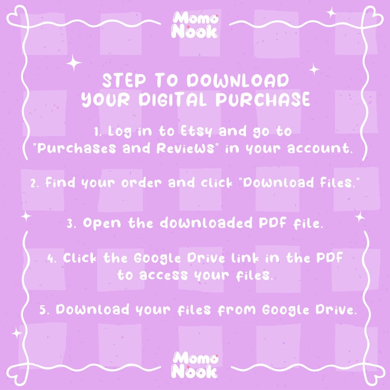 A light purple background with white text outlines five steps to download a digital purchase, starting with "1. Log in to Etsy and go to 'Purchases and Reviews' in your account."
