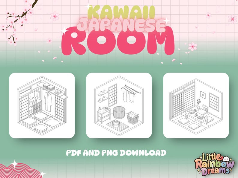 May include: A black and white line drawing of three different rooms in a Japanese style. The rooms are a bathroom with a bathtub, a bedroom with a closet, and a dining room with a table and chairs. The text "KAWAII JAPANESE ROOM" is at the top of the image.