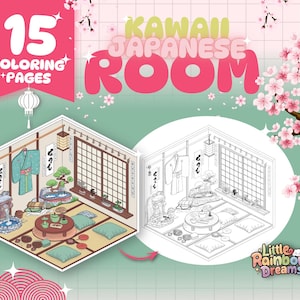May include: A coloring book with 15 pages featuring a kawaii Japanese room. The room is decorated with traditional Japanese elements, such as a tatami mat floor, sliding doors, and a bonsai tree. The book is perfect for anyone who loves Japanese culture or wants to relax and unwind with some creative coloring.