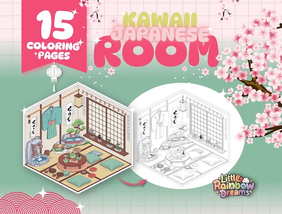 Kawaii Japanese Room Coloring Pages - Cozy Aesthetic Coloring book for Relaxation & Cute Anime Decor Gift for Girls