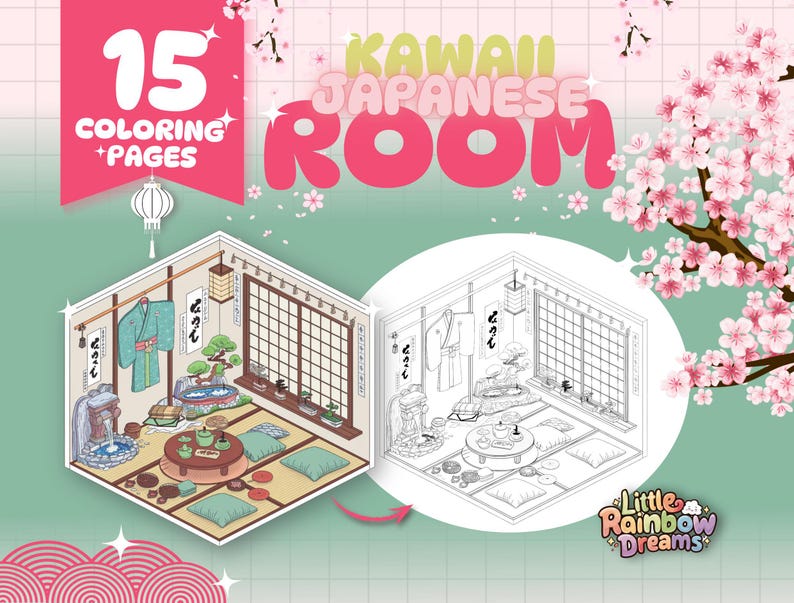 May include: A coloring book with 15 pages featuring a kawaii Japanese room. The room is decorated with traditional Japanese elements, such as a tatami mat floor, sliding doors, and a bonsai tree. The book is perfect for anyone who loves Japanese culture or wants to relax and unwind with some creative coloring.