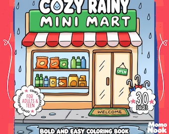 Gezellig kleurboek met regenachtige minimarkt, 30 leuke printbare PNG-pagina's voor volwassenen en kinderen, duidelijke en eenvoudige winkelscènes, direct digitaal te downloaden.