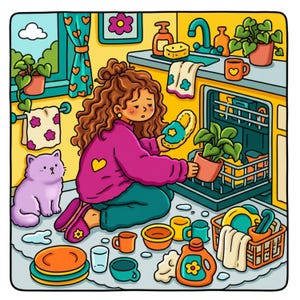 A colorful cartoon illustration depicts a girl with curly hair, wearing a pink sweater and green pants, sitting on the floor next to a dishwasher, placing a potted plant inside, with a purple cat nearby.