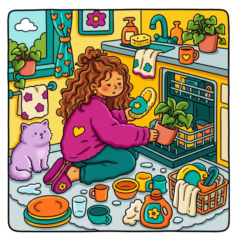 A colorful cartoon illustration depicts a girl with curly hair, wearing a pink sweater and green pants, sitting on the floor next to a dishwasher, placing a potted plant inside, with a purple cat nearby.