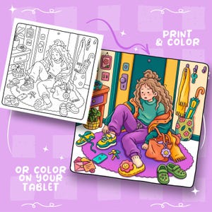 A split image shows a black and white coloring page of a girl sitting on the floor next to a colored version of the same scene, with text "Print & Color" and "Or Color On Your Tablet."