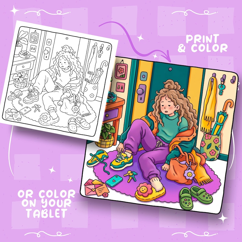 A split image shows a black and white coloring page of a girl sitting on the floor next to a colored version of the same scene, with text "Print & Color" and "Or Color On Your Tablet."