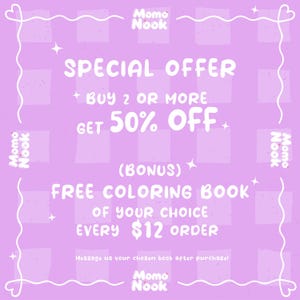 A light purple background with white text advertises a "Special Offer: Buy 2 or more Get 50% Off" and a "Free Coloring Book of your choice every $12 order."