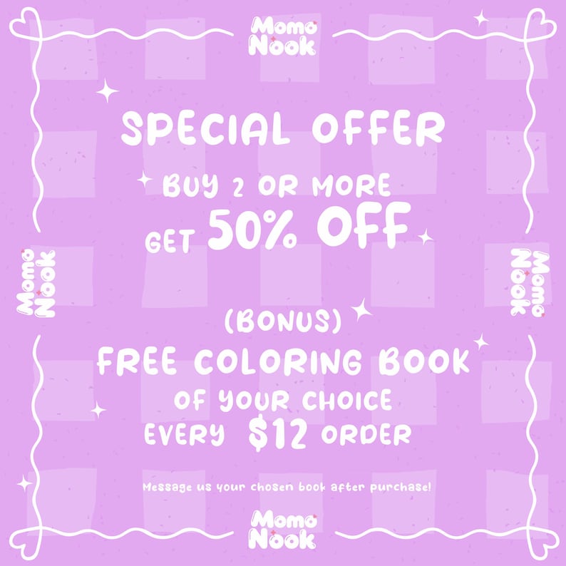 A light purple background with white text advertises a "Special Offer: Buy 2 or more Get 50% Off" and a "Free Coloring Book of your choice every $12 order."