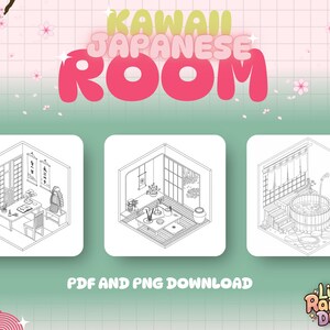 May include: Three black and white line drawings of different rooms in a Japanese style. The first room is a study with a desk, chairs, and a bookshelf. The second room is a tea room with a low table, cushions, and a vase of flowers. The third room is a bathroom with a bathtub, shower, and a window.