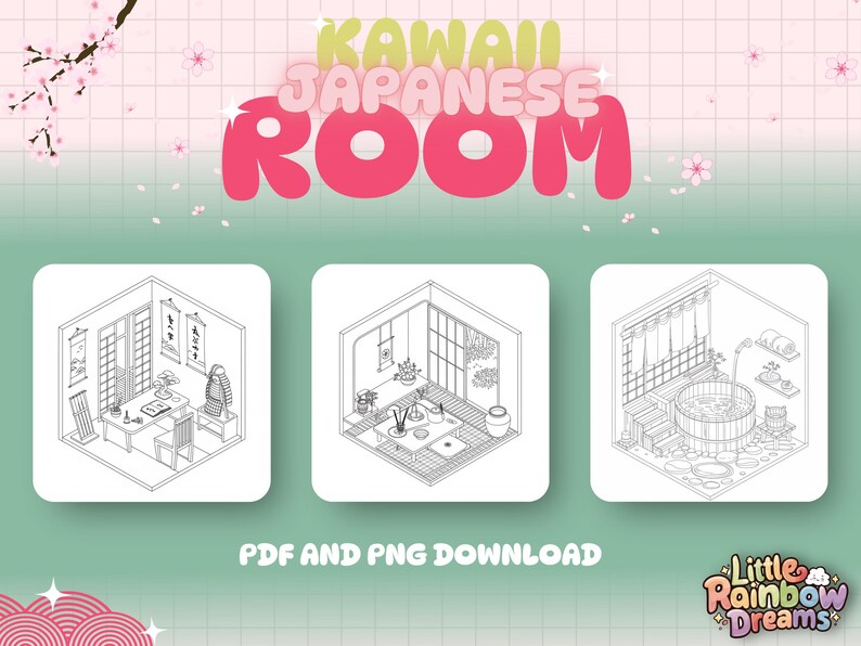 May include: Three black and white line drawings of different rooms in a Japanese style. The first room is a study with a desk, chairs, and a bookshelf. The second room is a tea room with a low table, cushions, and a vase of flowers. The third room is a bathroom with a bathtub, shower, and a window.
