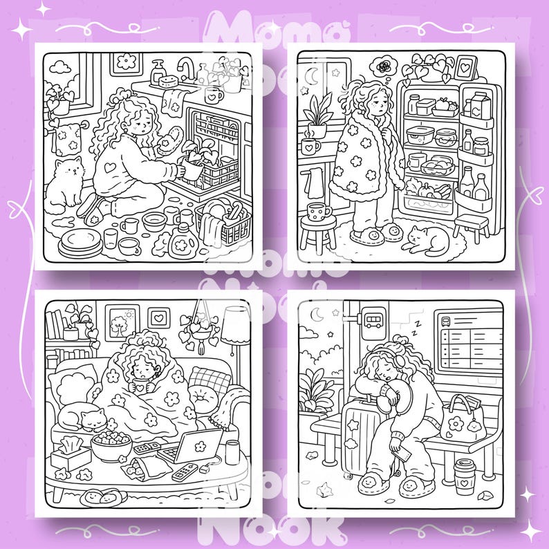 Four black and white cartoon panels show a girl doing various self-care activities: loading a dishwasher, looking in a refrigerator, relaxing on a couch, and sleeping on a train.