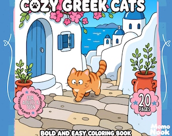 Kleurboek met Griekse katten om te printen, gezellige mediterrane kattenkleurplaten voor volwassenen en kinderen, duidelijke en makkelijke digitale download in PDF-formaat om stress te verlichten