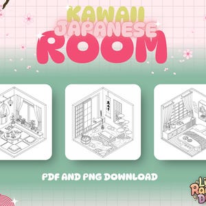 May include: A black and white line drawing of three different kawaii Japanese room scenes. The first scene shows a traditional Japanese tea room with a tatami mat floor, a low table, and a hanging scroll. The second scene shows a Japanese bathhouse with a wooden tub, a stone fountain, and a garden. The third scene shows a Japanese bedroom with a futon bed, a bedside table, and a window with a view of a garden.