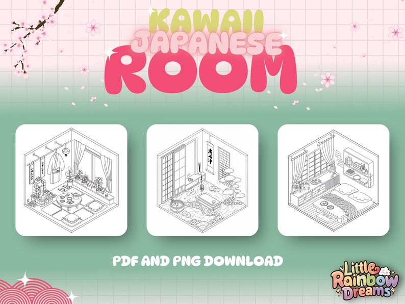 May include: A black and white line drawing of three different kawaii Japanese room scenes. The first scene shows a traditional Japanese tea room with a tatami mat floor, a low table, and a hanging scroll. The second scene shows a Japanese bathhouse with a wooden tub, a stone fountain, and a garden. The third scene shows a Japanese bedroom with a futon bed, a bedside table, and a window with a view of a garden.