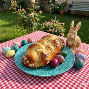 May include: A braided loaf of bread topped with sliced almonds sits on a turquoise plate, surrounded by decorated Easter eggs. A straw bunny figurine and a red and white checkered tablecloth complete the festive scene.