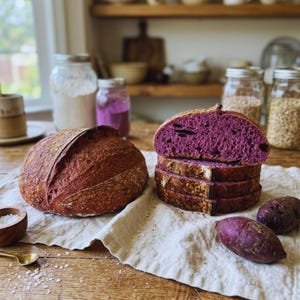 Artisan Purple Sweet Potato Sourdough Bread, Naturally Colored Loaf, Fresh Homemade Sourdough