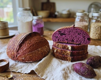 Artisan Purple Sweet Potato Sourdough Bread, Naturally Colored Loaf, Fresh Homemade Sourdough
