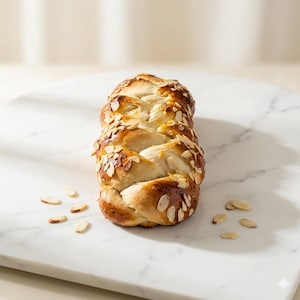 May include: A braided loaf of bread, golden brown with toasted almond slices. The bread sits on a white marble surface, with a few scattered almonds nearby. The bread has a glossy finish.