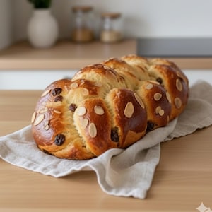 May include: A golden-brown braided loaf of bread, adorned with sliced almonds and dark raisins. The bread rests on a beige linen napkin, placed on a light wooden surface. The baked bread has a glossy finish, suggesting a rich, buttery texture.