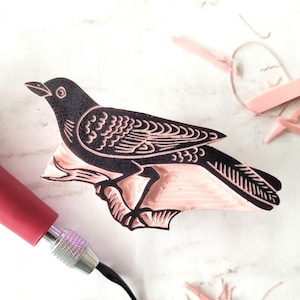 Tampon en caoutchouc pour merle, Tampon pour pinson, Tampon pour linotte, Vache pour oiseau noir, Tampon pour oiseau noir corbeau sculpté à la main | Sel et papier