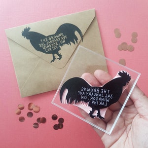 Adresstempel haan, adresstempel kip voor boer landliefhebber, cadeau voor moeder, cadeau voor housewarming, cadeau vader | Zout en papier